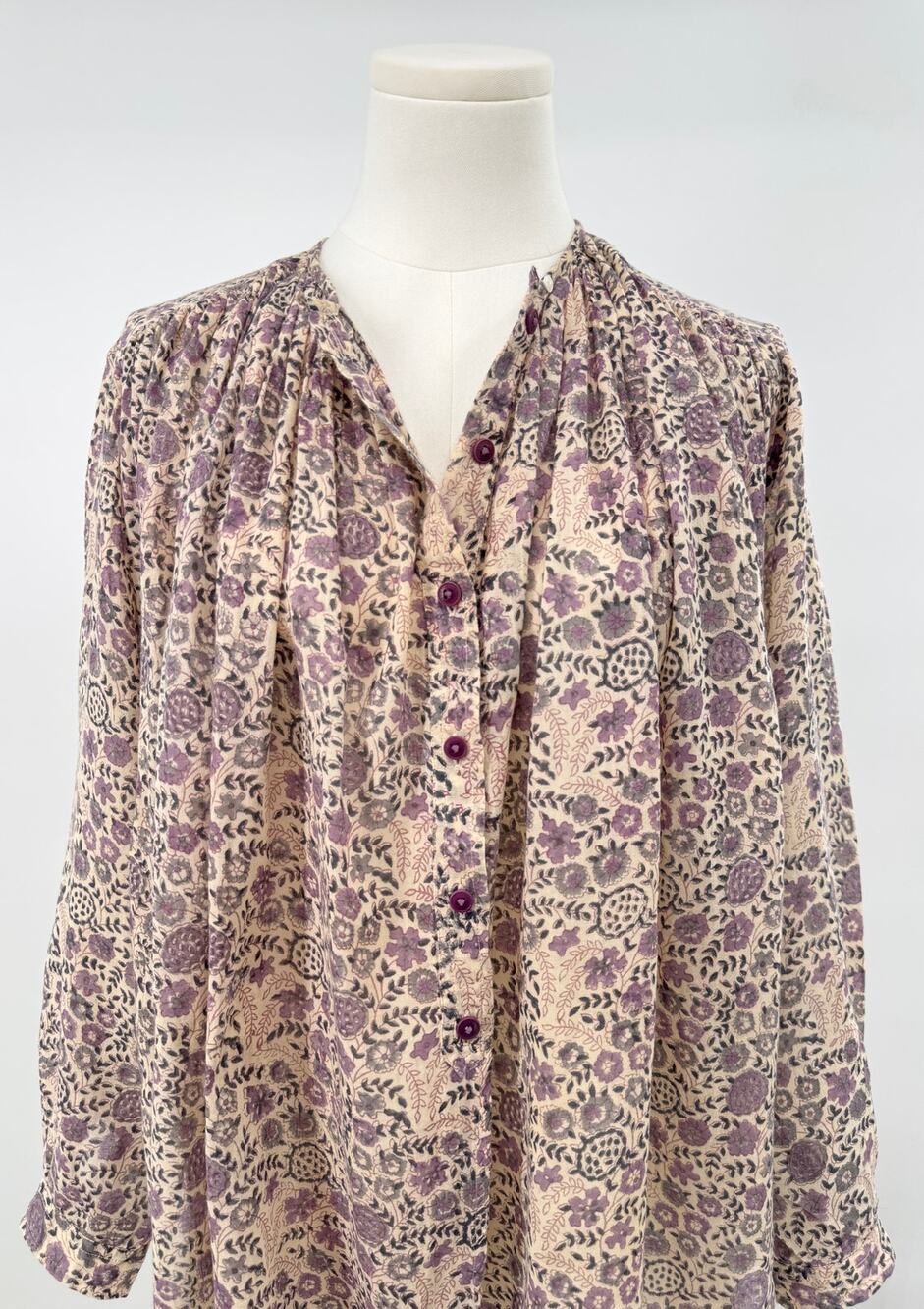 Laurence Bras Floral Blouse Beige Lavender Airy Flowy Top Boho Shirt S